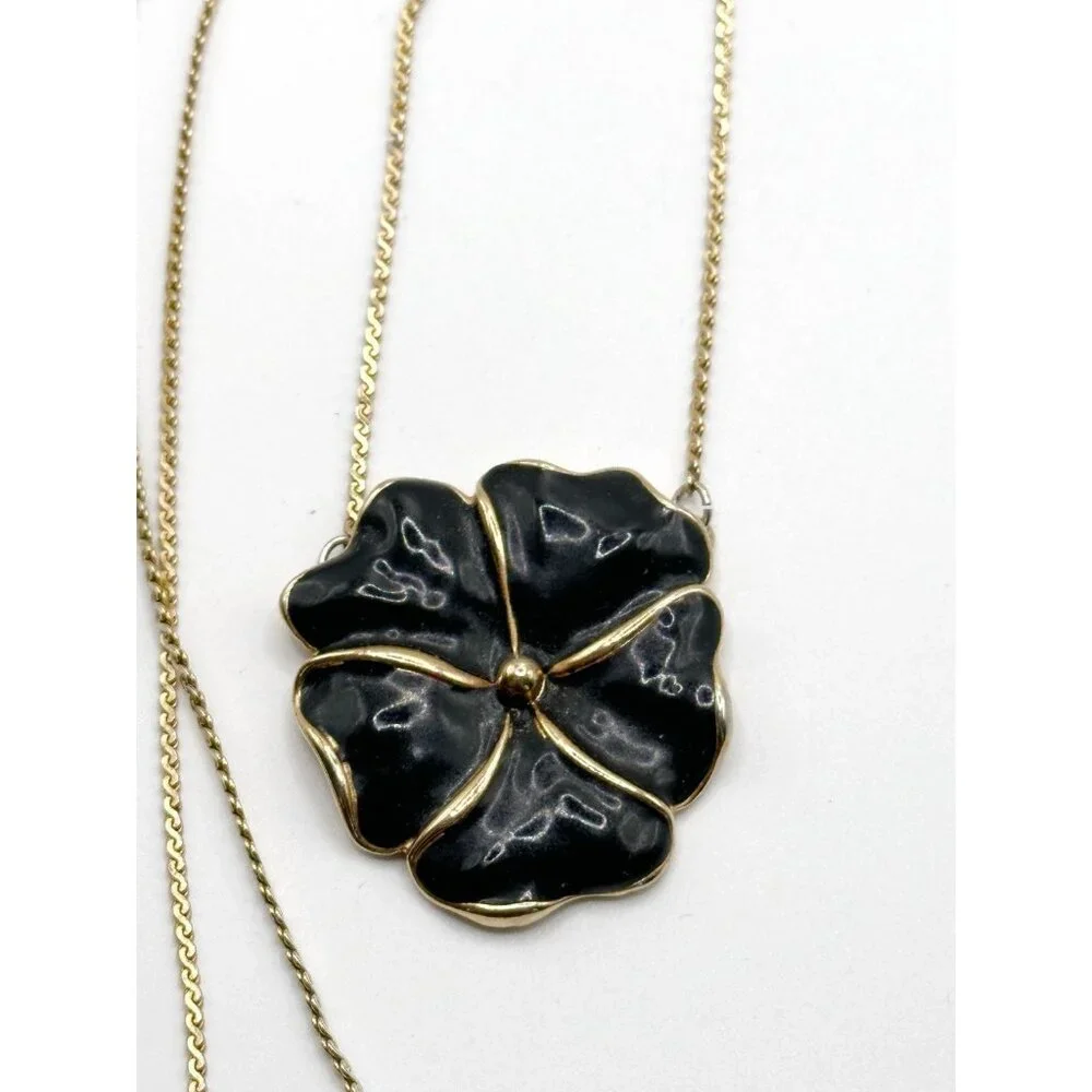 Goldtone Black Enamel Pansy Pendant Necklace‎